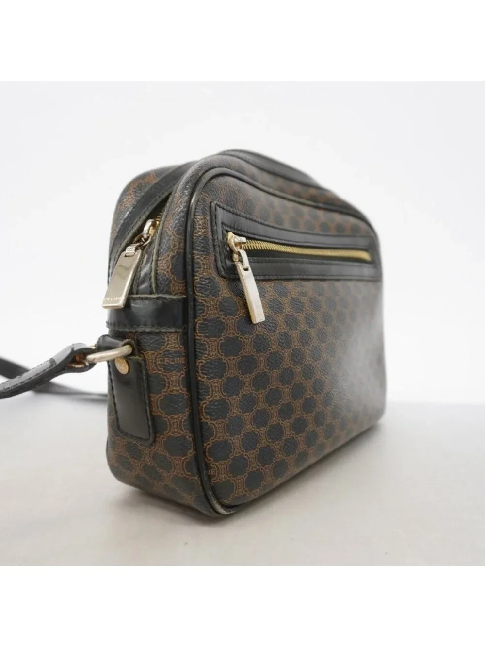 Celine Shoulder Bag Macadam Black Brown Gold